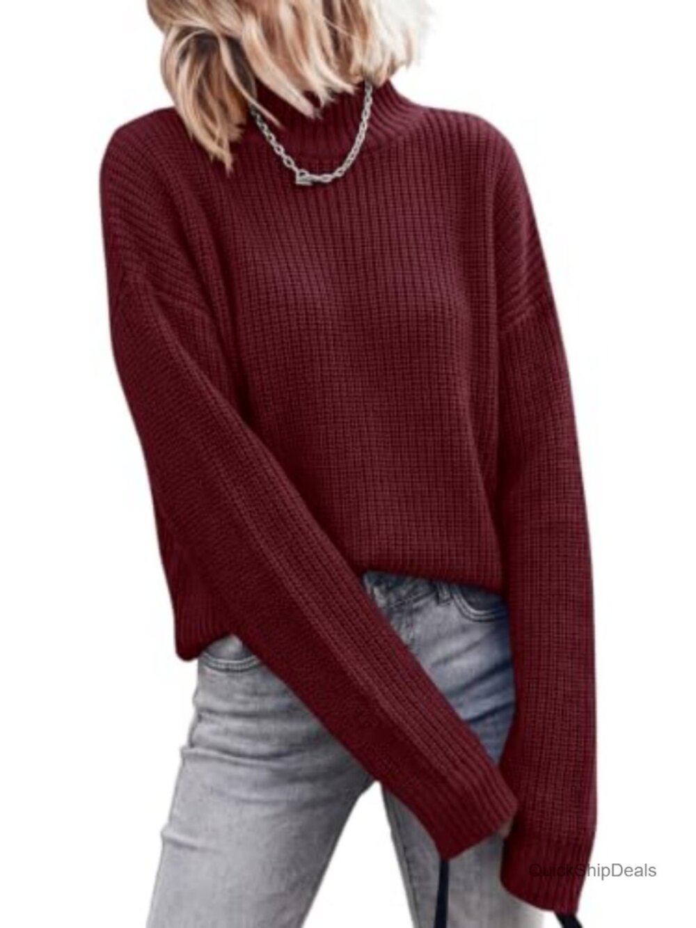 Chunky Knit Pullover Mock Neck Sweater Relaxed Fit Long Sleeve